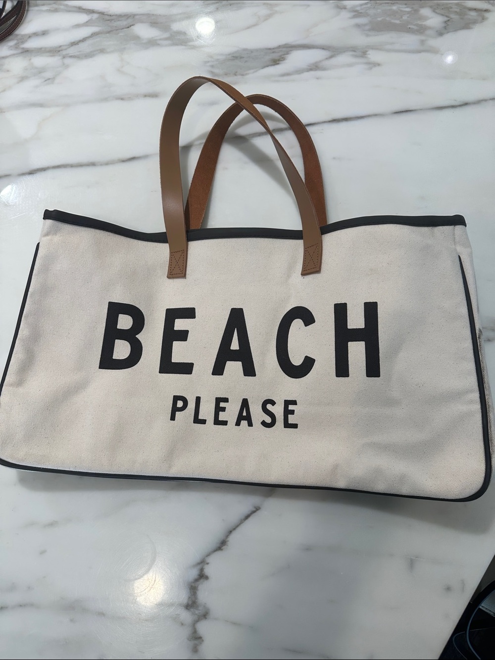 Canvas Tote Bag "BEACH PLEASE" with Brown Handles